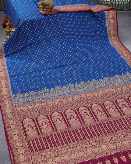 Pure banarasi crepe silk saree peacock blue and maroon with allover thread & zari woven buttas and woven border
