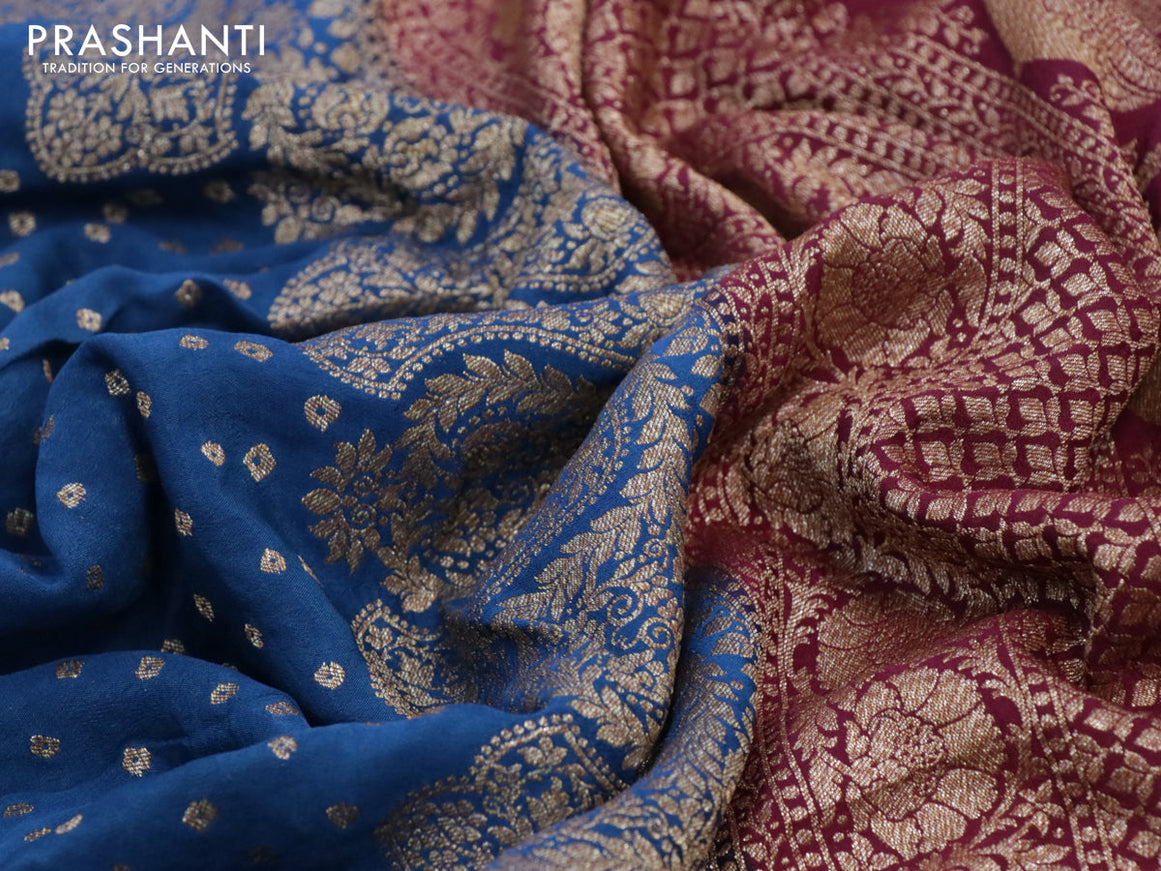 Pure banarasi crepe silk saree peacock blue and maroon with allover thread & zari woven buttas and woven border