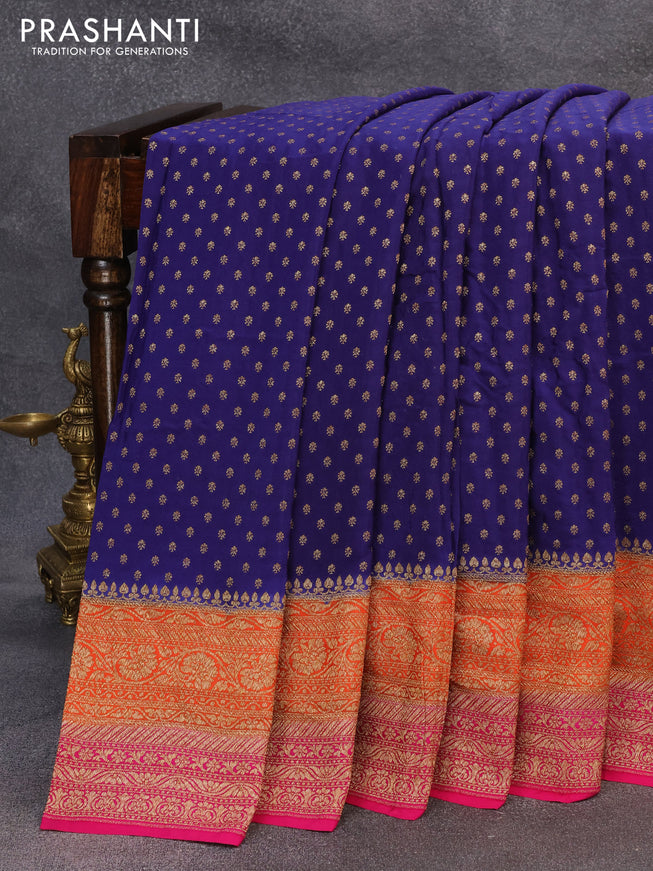 Pure banarasi crepe silk saree blue and orange pink with allover thread & zari woven buttas and woven border