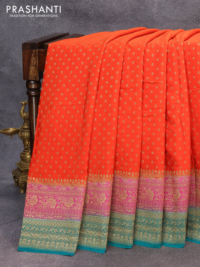 Pure banarasi crepe silk saree orange and magenta pink teel green with allover thread & zari woven buttas and woven border