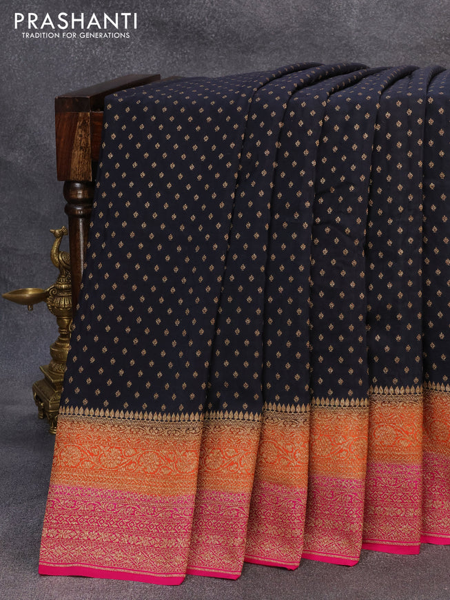 Pure banarasi crepe silk saree black and orange pink with allover thread & zari woven buttas and woven border