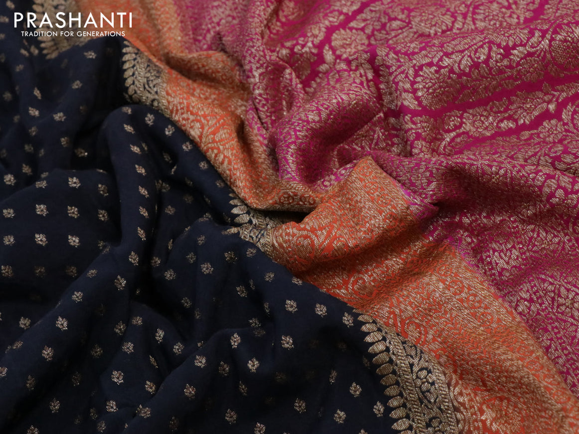 Pure banarasi crepe silk saree black and orange pink with allover thread & zari woven buttas and woven border