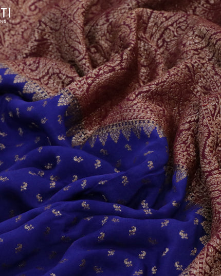 Pure banarasi crepe silk saree blue and wine shade with allover thread & zari woven buttas and woven border