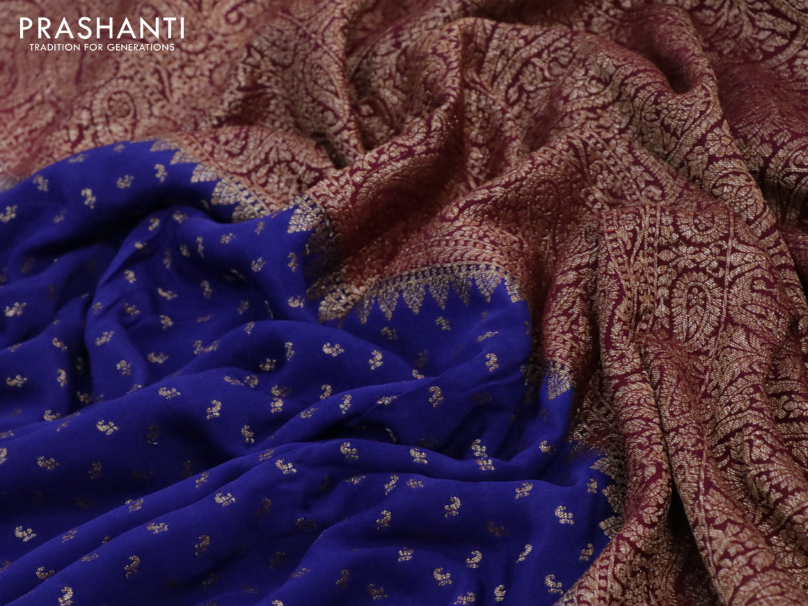 Pure banarasi crepe silk saree blue and wine shade with allover thread & zari woven buttas and woven border