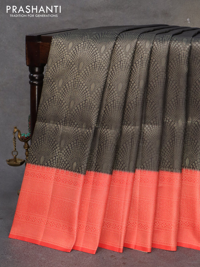 Banarasi softy silk saree black and red with allover zari weaves and zari woven border