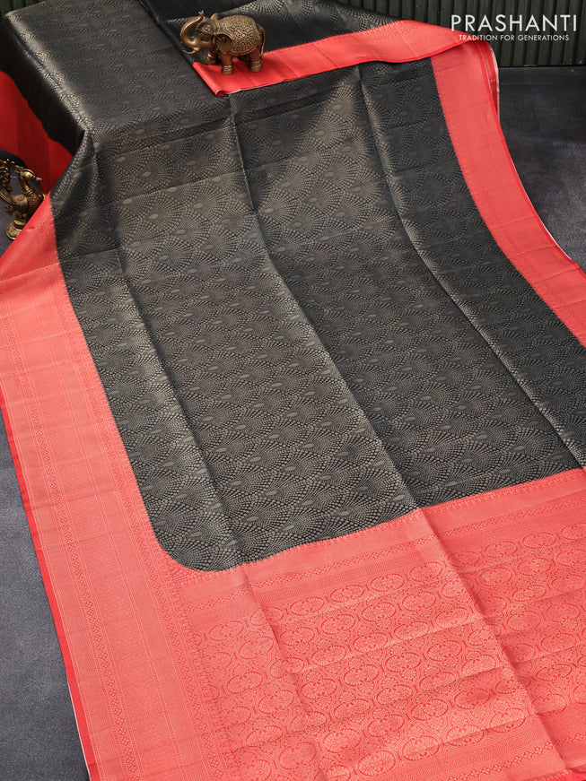 Banarasi softy silk saree black and red with allover zari weaves and zari woven border