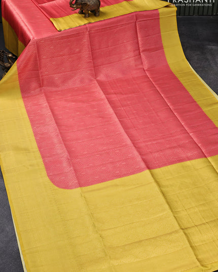 Banarasi softy silk saree pink shade and yellow with allover zari weaves and zari woven border