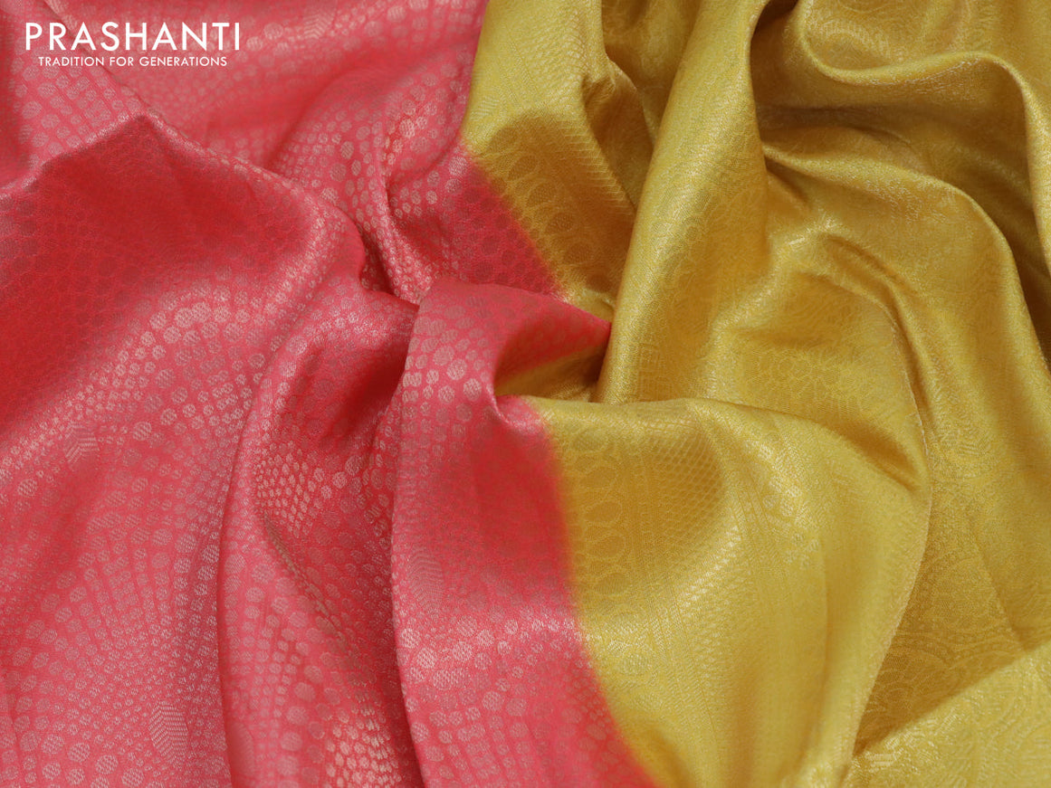 Banarasi softy silk saree pink shade and yellow with allover zari weaves and zari woven border