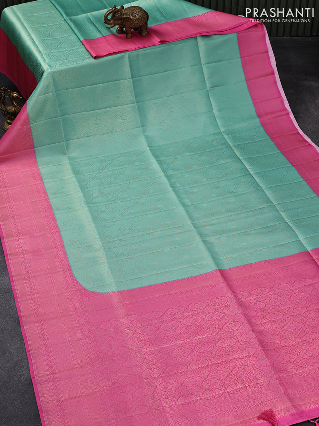 Banarasi softy silk saree teal blue and light pink with allover zari weaves and zari woven border