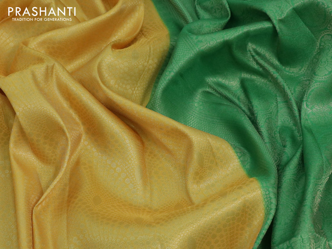 Banarasi softy silk saree yellow and green with allover zari weaves and zari woven border