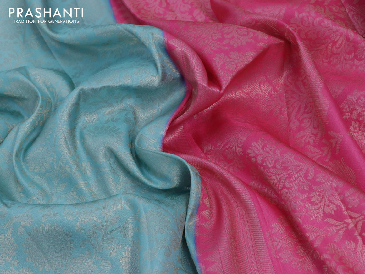 Banarasi softy silk saree light blue and pink with allover silver zari weaves and silver zari woven border
