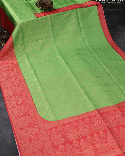 Banarasi softy silk saree light green and red with allover zari weaves and zari woven border