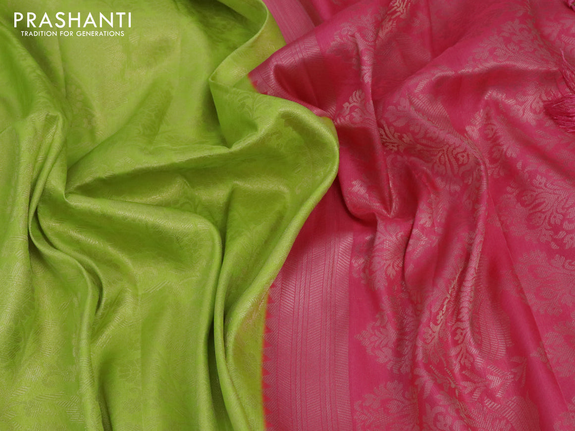 Banarasi softy silk saree fluorescent green and pink with allover zari weaves and zari woven border
