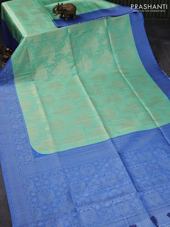 Banarasi softy silk saree teal green and royal blue with allover zari weaves and silver zari woven border