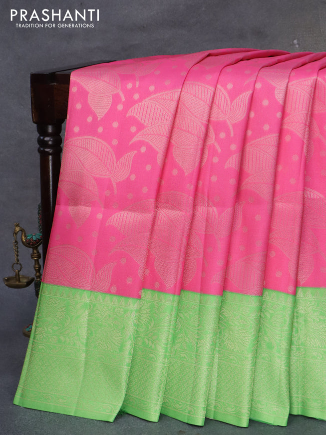 Banarasi softy silk saree pink and light green with allover zari weaves and zari woven border