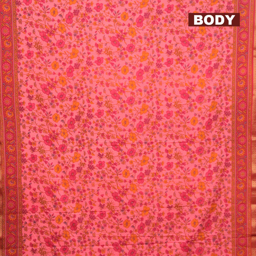 Semi crepe saree peach pink and maroon with allover floral prints and zari woven border