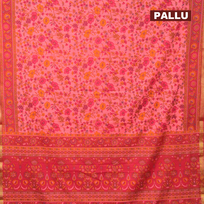 Semi crepe saree peach pink and maroon with allover floral prints and zari woven border