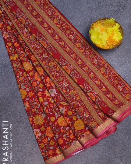 Semi crepe saree maroon with allover floral prints and zari woven border