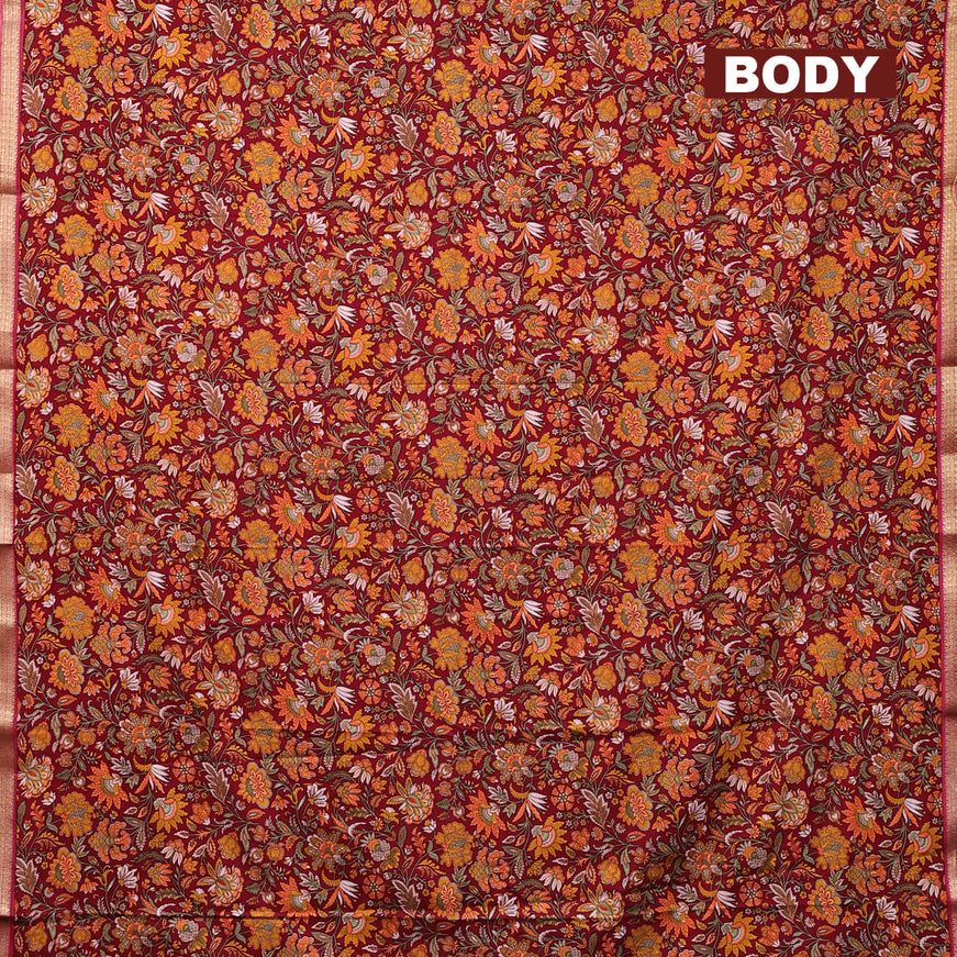 Semi crepe saree maroon and pink shade with allover prints and zari woven border