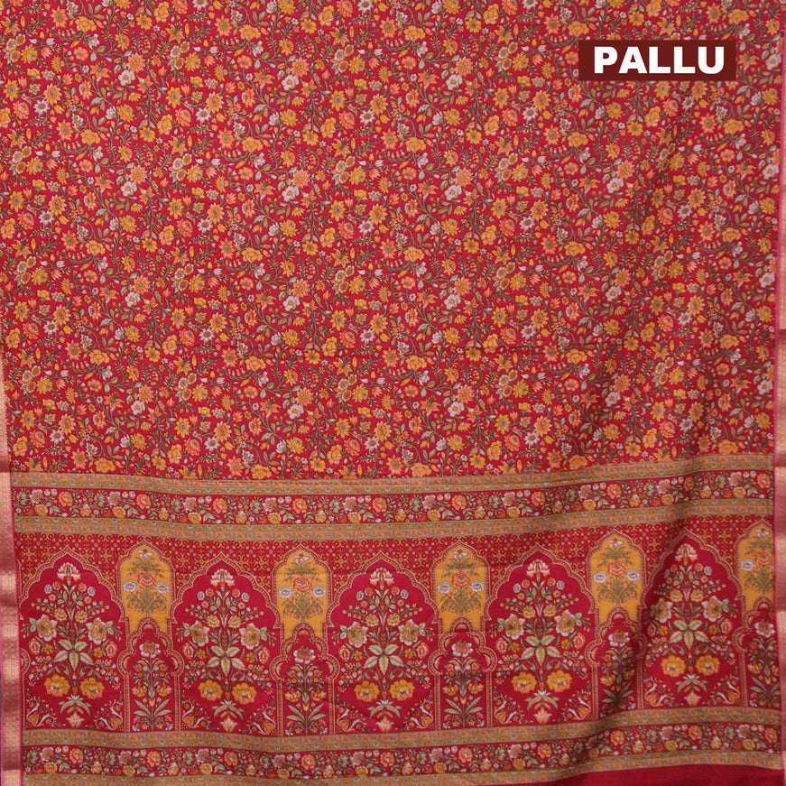 Semi crepe saree maroon and pink with allover floral prints and zari woven border