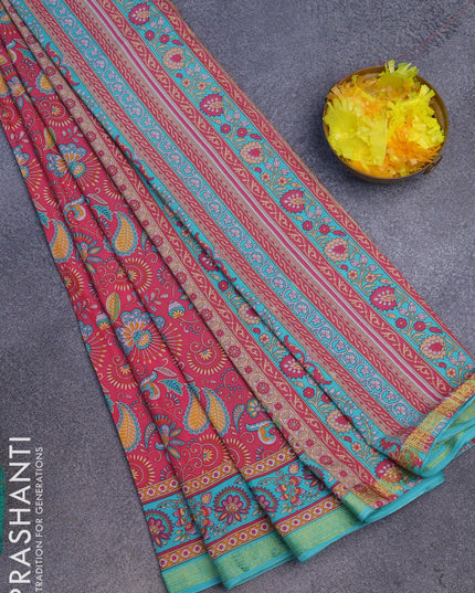 Semi crepe saree pink and teal blue with allover prints and zari woven border