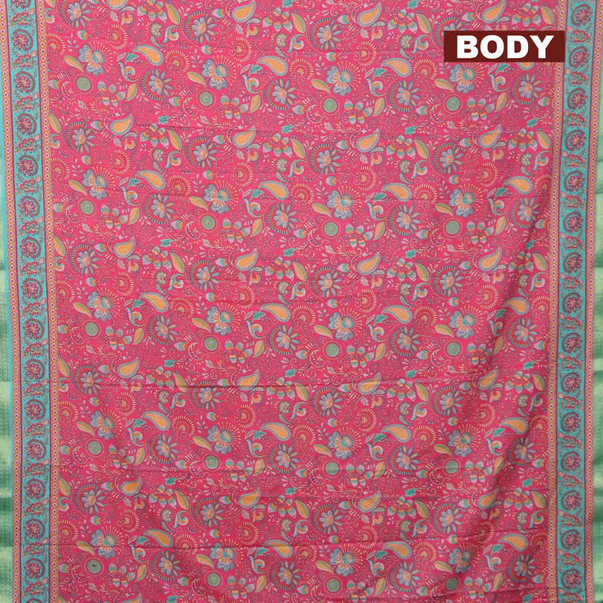 Semi crepe saree pink and teal blue with allover prints and zari woven border