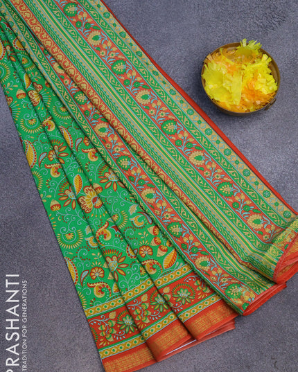 Semi crepe saree light green and red with allover prints and zari woven border