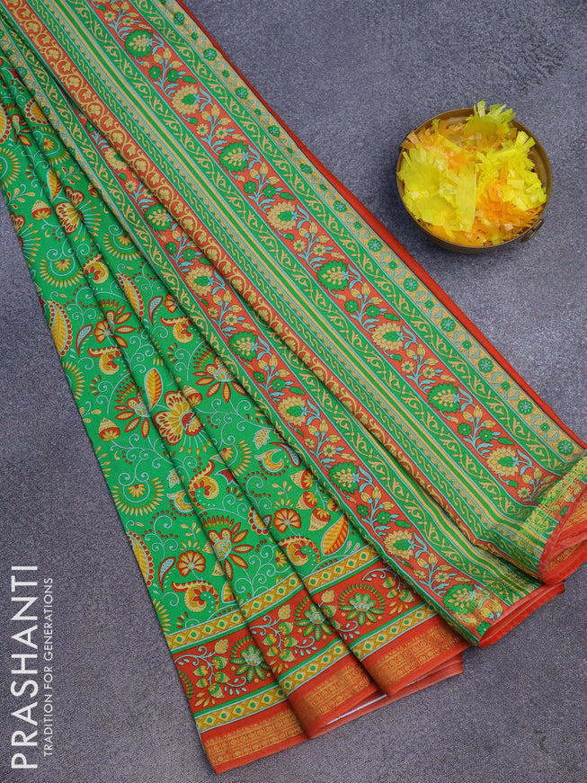 Semi crepe saree light green and red with allover prints and zari woven border