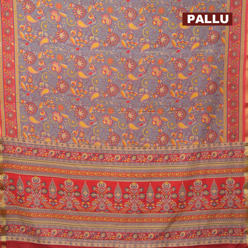 Semi crepe saree grey and red with allover prints and zari woven border