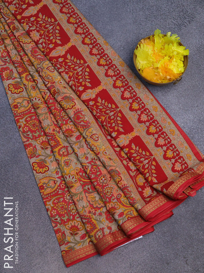 Semi crepe saree multi colour and red with allover prints and zari woven border