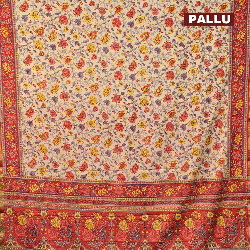 Semi crepe saree sandal and orange with floral prints and zari woven border