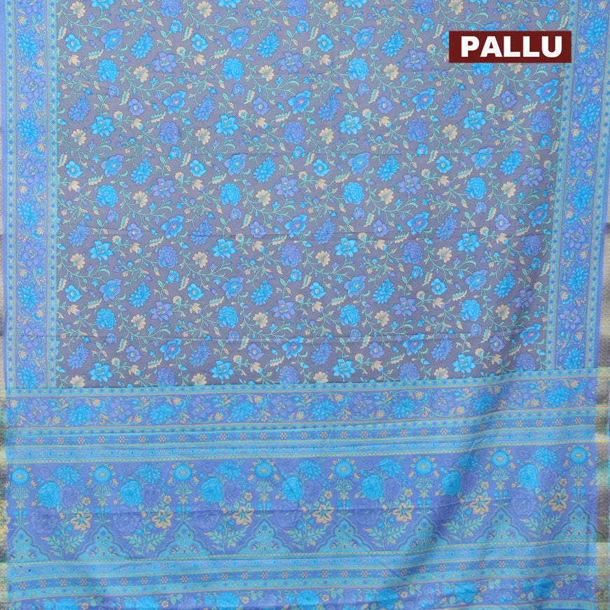 Semi crepe saree grey and blue with floral prints and zari woven border