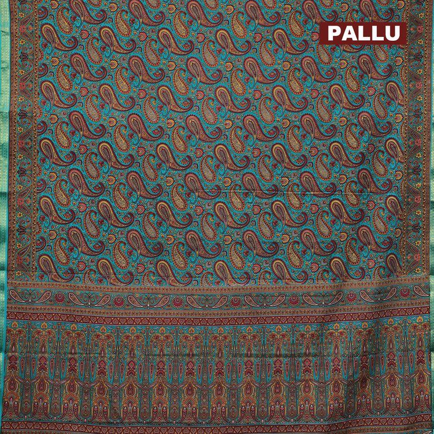 Semi crepe saree teal green with paisley prints and zari woven border