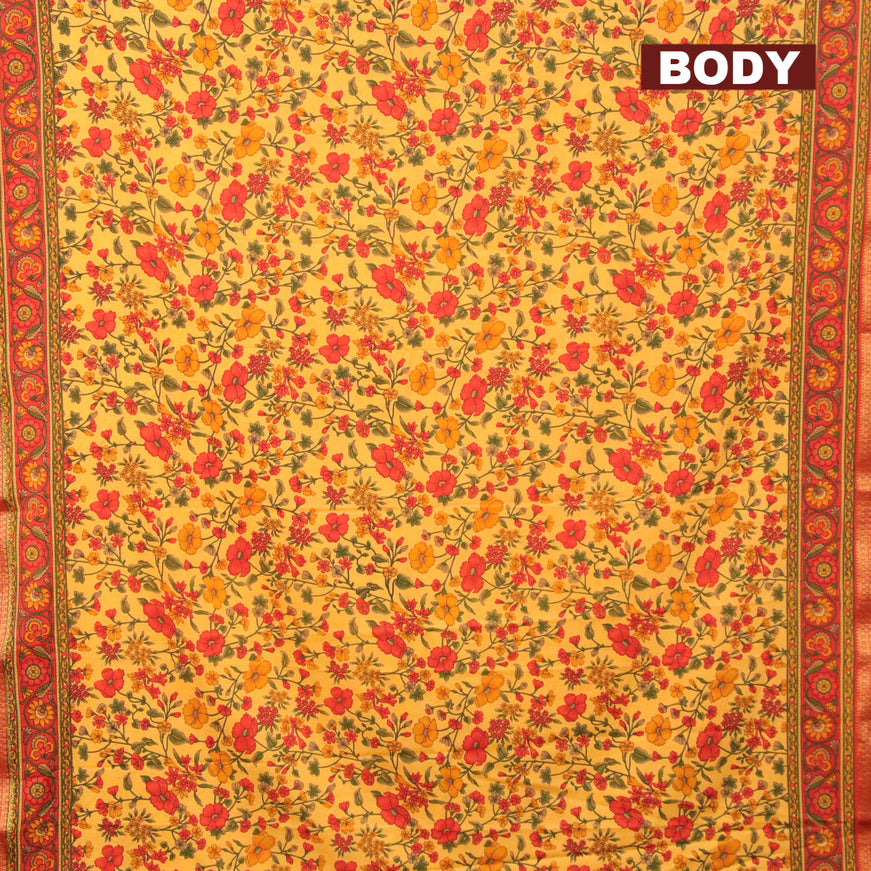 Semi crepe saree pale orange and red with floral prints and zari woven border