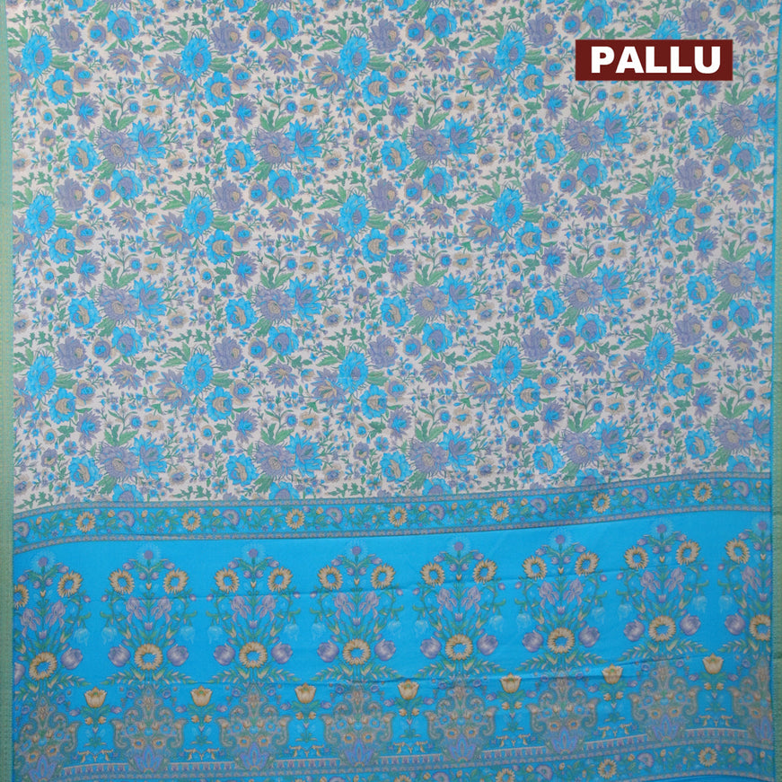 Semi crepe saree off white and blue with floral prints and zari woven border
