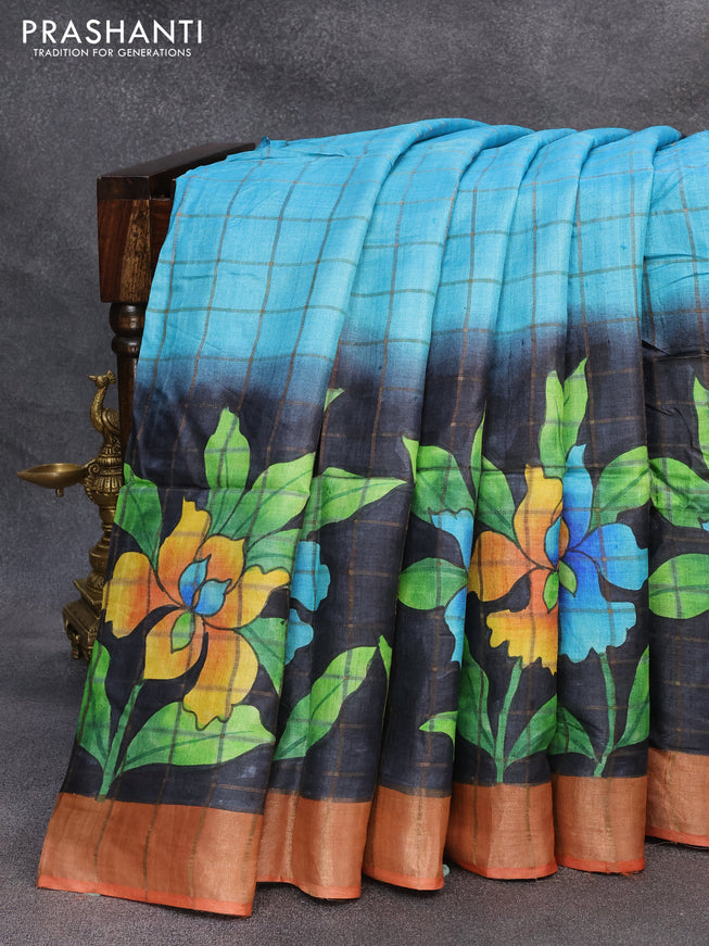 Pure tussar silk saree blue black and rustic orange with kalamkari prints & checked pattern and zari woven border