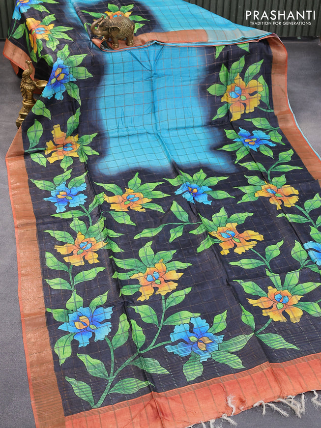 Pure tussar silk saree blue black and rustic orange with kalamkari prints & checked pattern and zari woven border