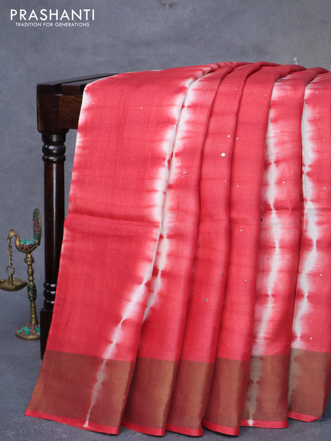 Pure tussar silk saree red with tie and dye prints & embroidery work and zari woven border
