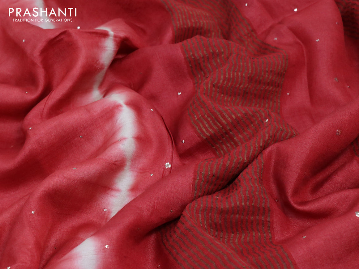 Pure tussar silk saree red with tie and dye prints & embroidery work and zari woven border
