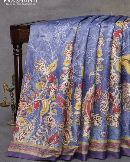 Pure tussar silk saree blue and deep violet with allover kalamkari prints & embroidery work and printed border