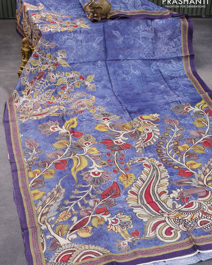 Pure tussar silk saree blue and deep violet with allover kalamkari prints & embroidery work and printed border