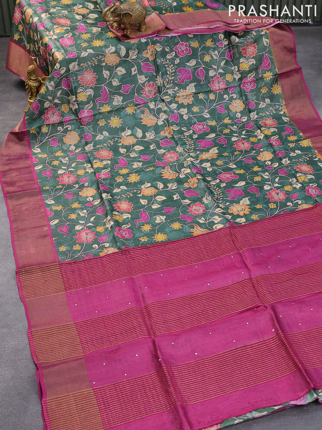 Pure tussar silk saree dark green and dark magenta pink with allover floral prints & embroidery work and zari woven border