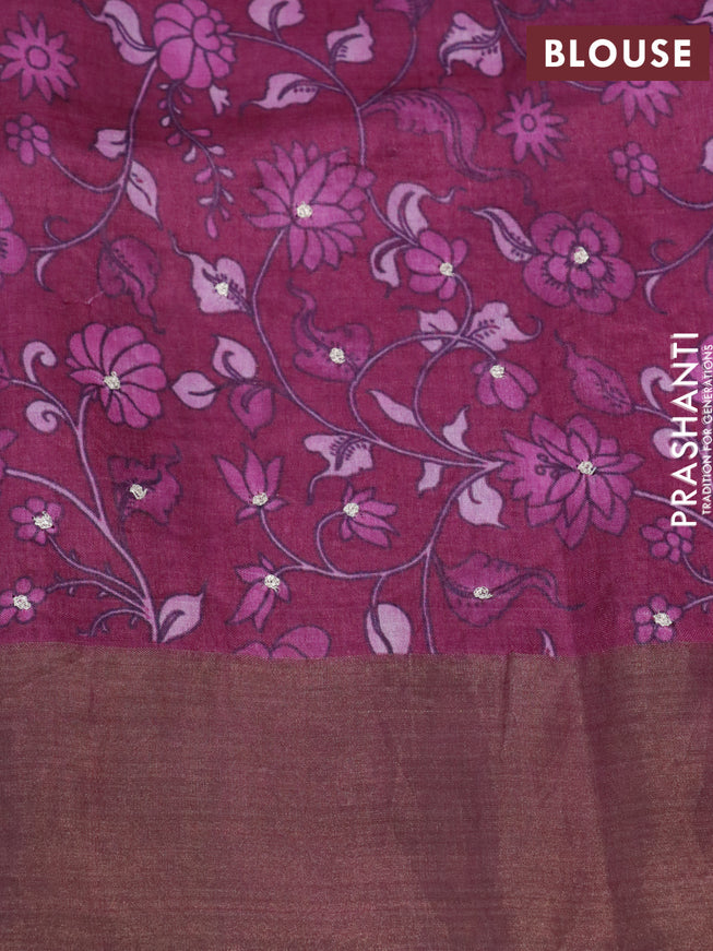 Pure tussar silk saree dark green and dark magenta pink with allover floral prints & embroidery work and zari woven border