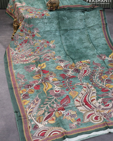 Pure tussar silk saree greyish green and pink with allover kalamkari prints & embroidery work and printed border