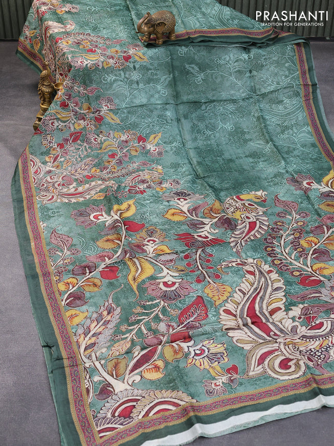 Pure tussar silk saree greyish green and pink with allover kalamkari prints & embroidery work and printed border