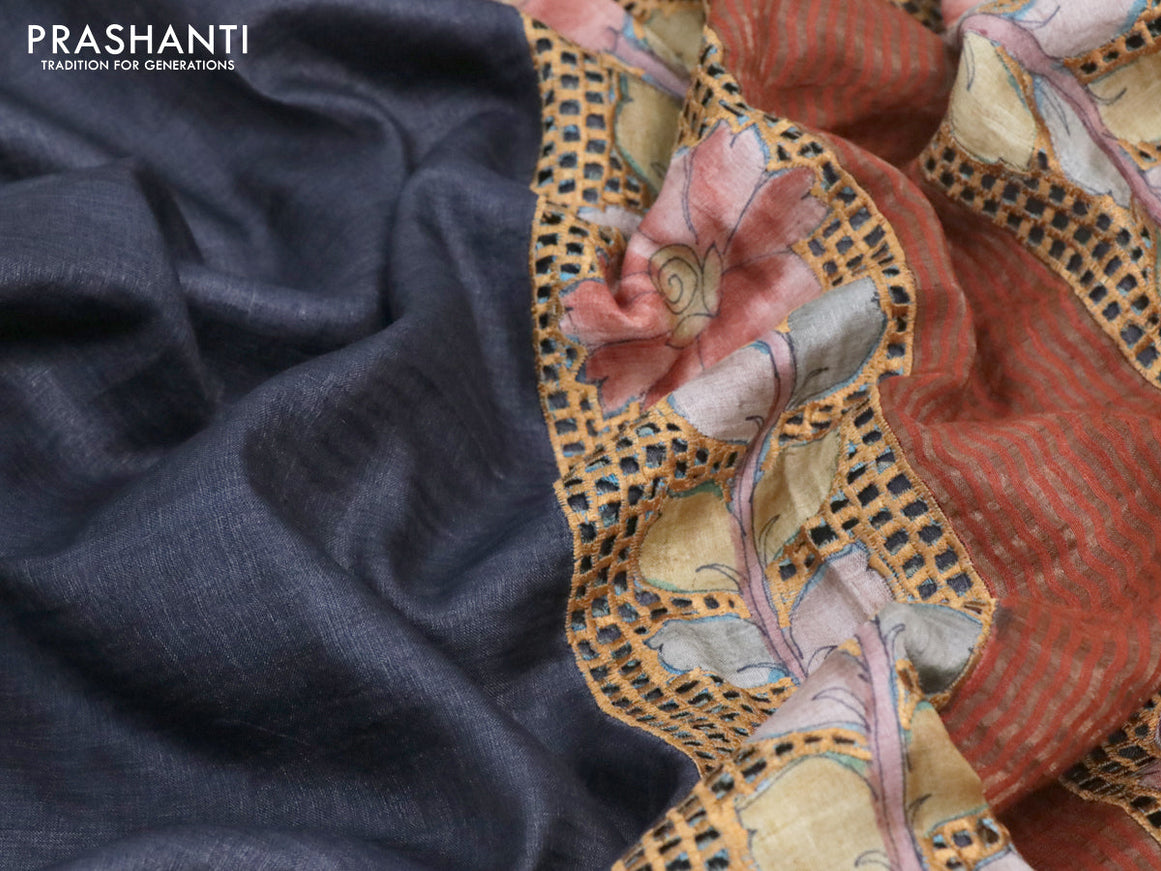 Pure tussar silk saree black and rustic brown with plain body & cut work pallu and cut work & zari woven border