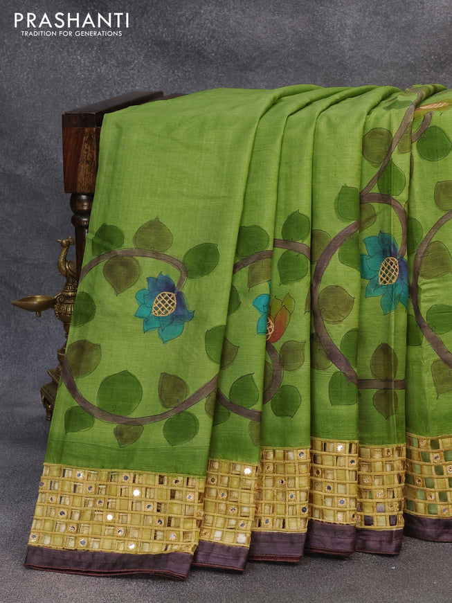Pure tussar silk saree green and brown with allover kalamkari prints & mirror cut work pallu and cut work border