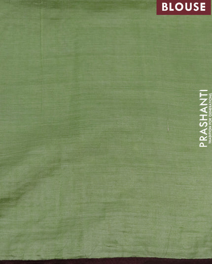 Pure tussar silk saree green and brown with allover kalamkari prints & mirror cut work pallu and cut work border