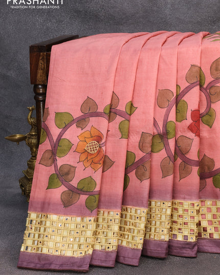 Pure tussar silk saree peach pink shade and wine shade with allover kalamkari prints & mirror cut work pallu and cut work border