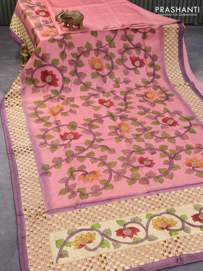 Pure tussar silk saree peach pink shade and wine shade with allover kalamkari prints & mirror cut work pallu and cut work border